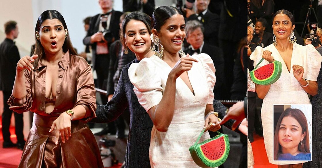 (Lto R) Actress Divya Prabha, director Payal Kapadia, Kani Kusruti arrive for the screening of the film 'All We Imagine as Light' at the 77th edition of the Cannes Film Festival in Cannes, southern France. (Inset: Stylist Diya John. Photo: LOIC VENANCE / AFP/File