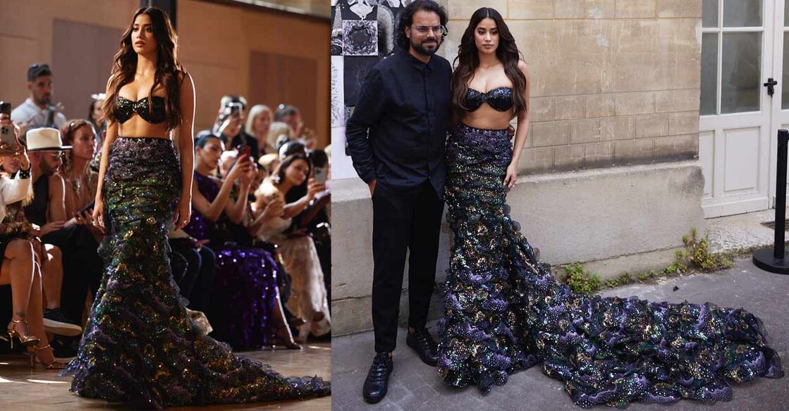 The silhouette featured a mermaid-style holographic skirt with a glittery embroidered skirt paired with a dramatic train and a heavily embellished black bustier. Photo: instagram.com/janhvikapoor