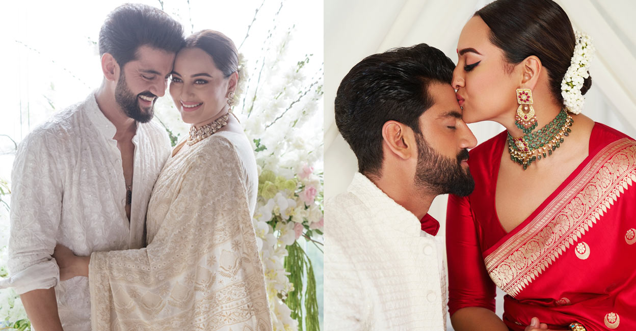 Sonakshi wore her mother's sari in shades of ivory and gold for the vow-exchanging ceremony and opted for a red Banarasi silk for the reception later. Photo: instagram.com/aslisona
