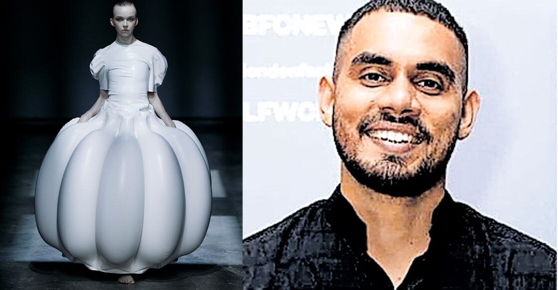 Combo image of K S Hari (R) and a model presenting a creation during a catwalk presentation for the HARRI Spring/Summer 2025 collection at London Fashion Week. Photo: BENJAMIN CREMEL / AFP