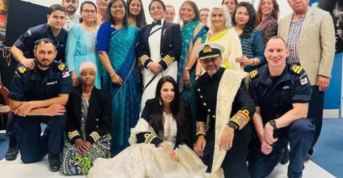 Photograph in which Honourable Captain Durdana Ansari of the British Royal Navy is seen wearing a sari under her uniform jacket. Photo: LinkedIn/Lance Cpl Jack Kanani
