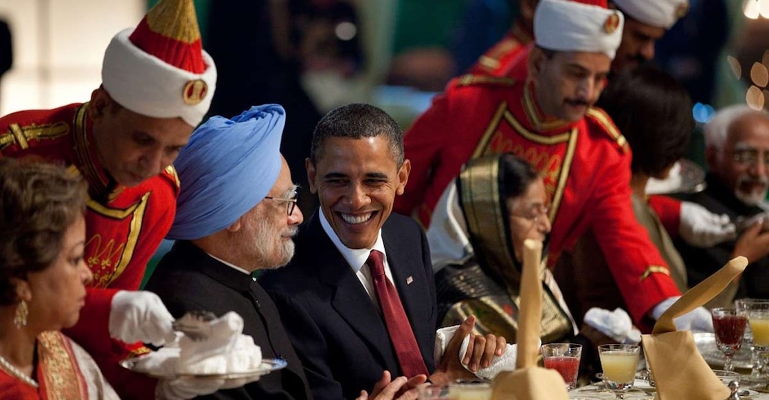 When Manmohan Singh was prime minister and Barack Obama was president at a state dinner at the Rashtrapathi Bhavan in New Delhi in 2010. (Photo: White House/IANS)