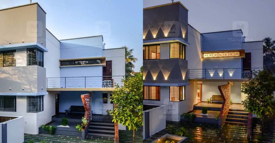 iringalakuda-house-c The elegant triangular exposed brick wall design in the front has become the focal point which draws instant attention.