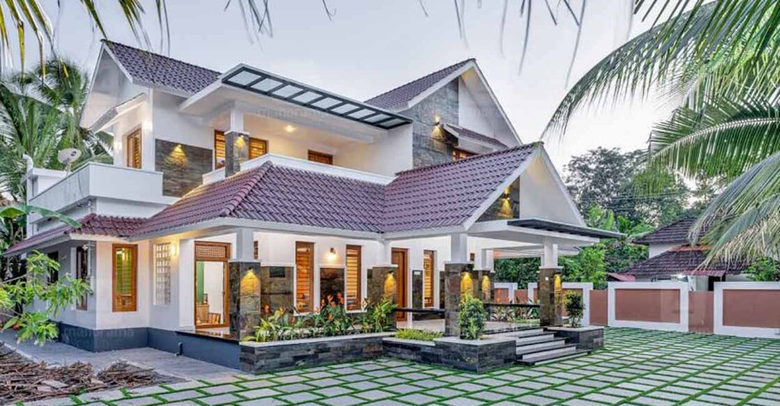 The sloped roof perfectly suits the tropical climate of Kerala.