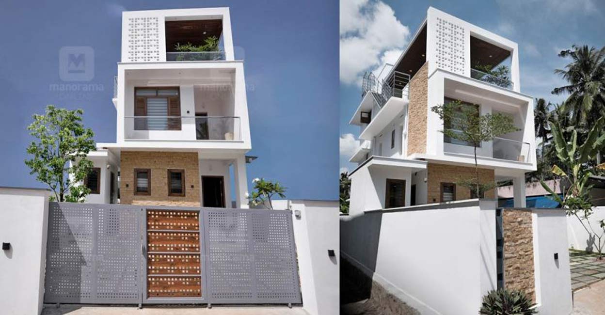 The elevation features a contemporary and flat box-style.