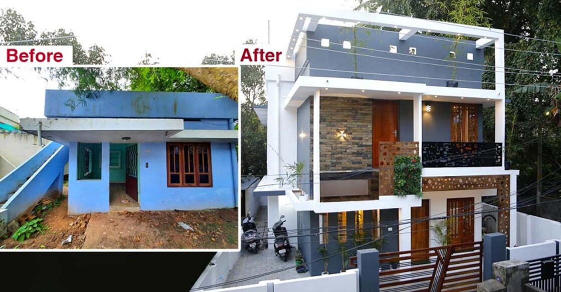 The new elevation features a classy combination of white and grey hues.