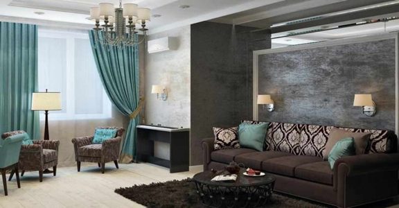 Brown gray and online turquoise living room