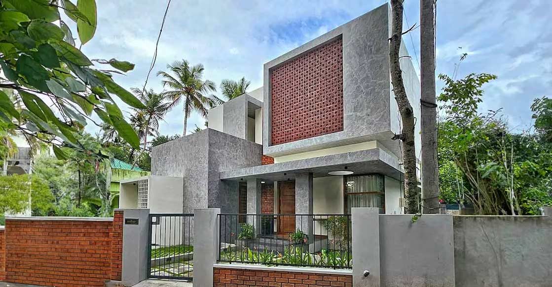 kazhakkoottam-house-01 The elevation of the house has a box shape in order to enable maximum utilization of space on the narrow plot. Photo: Special arrangement