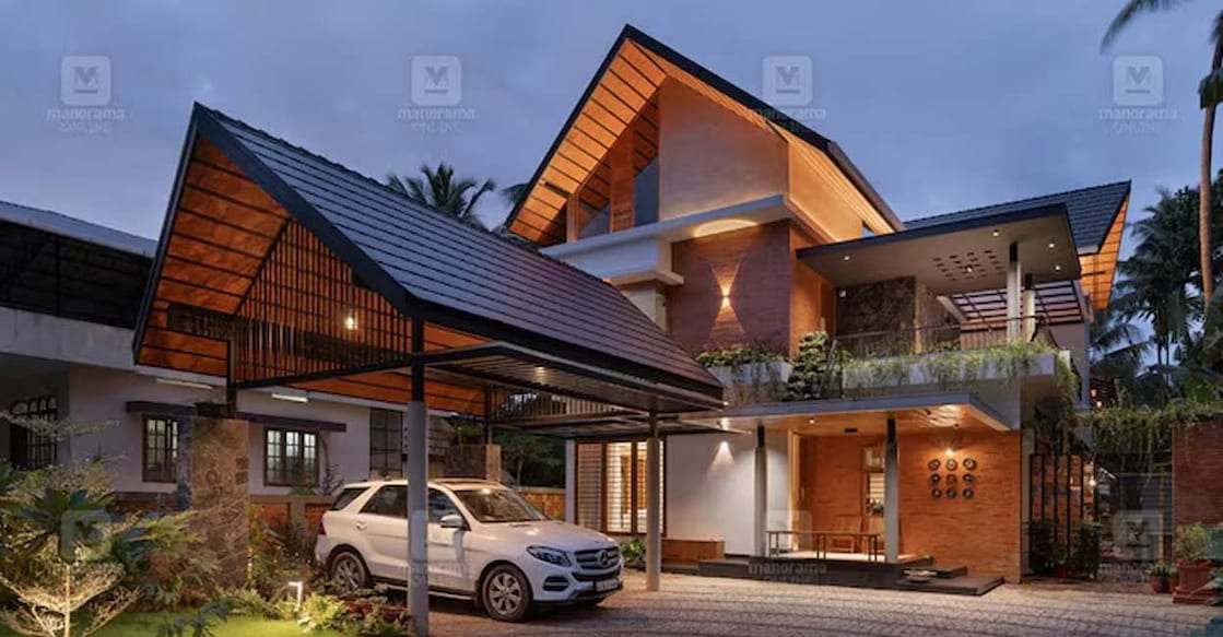 This contemporary mansion in Chevayoor has tropical features. Special arrangement
