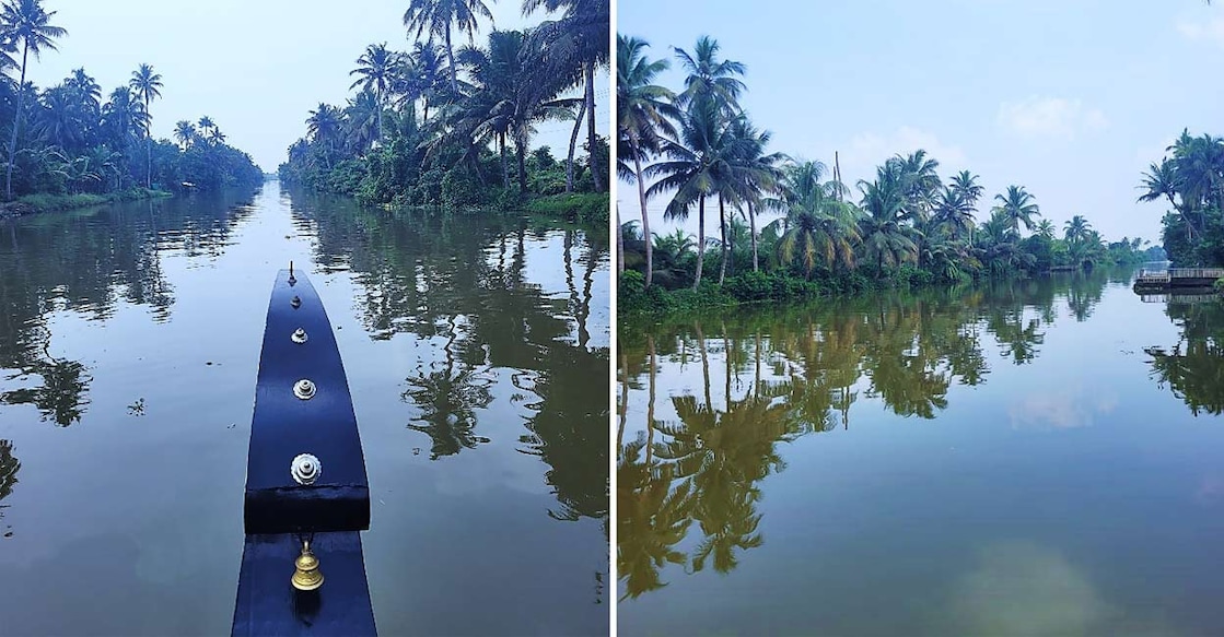 A slow cruise on a Vanchi (traditional wooden boat) through Aymanam in Kottayam, Kerala, transports travellers through settings immortalised in a Booker Prize-winning family drama novel (left). A boat jetty along the palm-fringed ‘Kayal’ (backwaters) in Ayamanam that the fictional characters could be imagined to have utilised (right).   Photo: Ann Rochyne Thomas