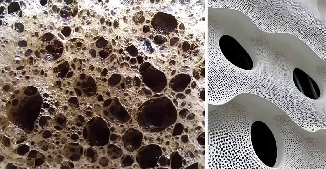 The presence of visual stimuli, such as air bubbles in a coffee drink (left) or in a biomorphic façade (right) that features clusters of holes, can trigger disgust, distress, and dread in individuals who experience trypophobia. Image courtesy: Michael Luke Jose, Ann Rochyne Thomas