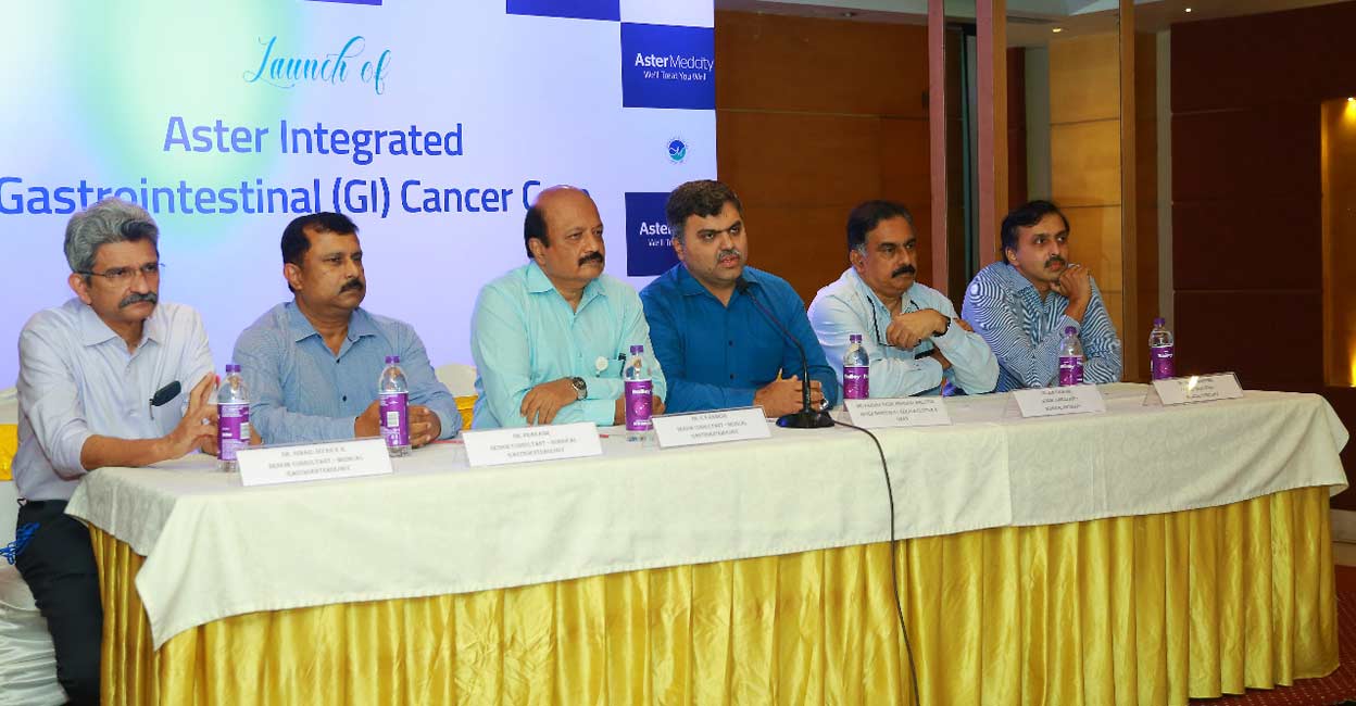(From Left to Right) Dr. Ismail Siyad K H, Senior Consultant - Medical Gastroenterology, Dr. Prakash, Senior Consultant, Surgical Gastroenterology, Dr. G.N Ramesh, Senior Consultant - Medical Gastroenterology, Farhan Yasin, Regional Director of Aster Hospitals, Kerala and Oman Cluster, Dr. Jem Kalathil, Senior Consultant - Surgical Oncology, Dr. Arun R Warrier, Senior Consultant - Medical Oncology. Photo: Special arrangement