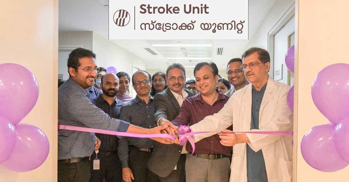 Dr. Ali Faisal, Director, Dr. Ravi Parihar, Head of Clinical Operations and Dr. Deep P. Pillai, Senior Consultant & Stroke Specialist, inaugurate Meitra Hospital's Stroke Care Centre, as the Neuro Sciences team looks on. Photo: Special Arrangement