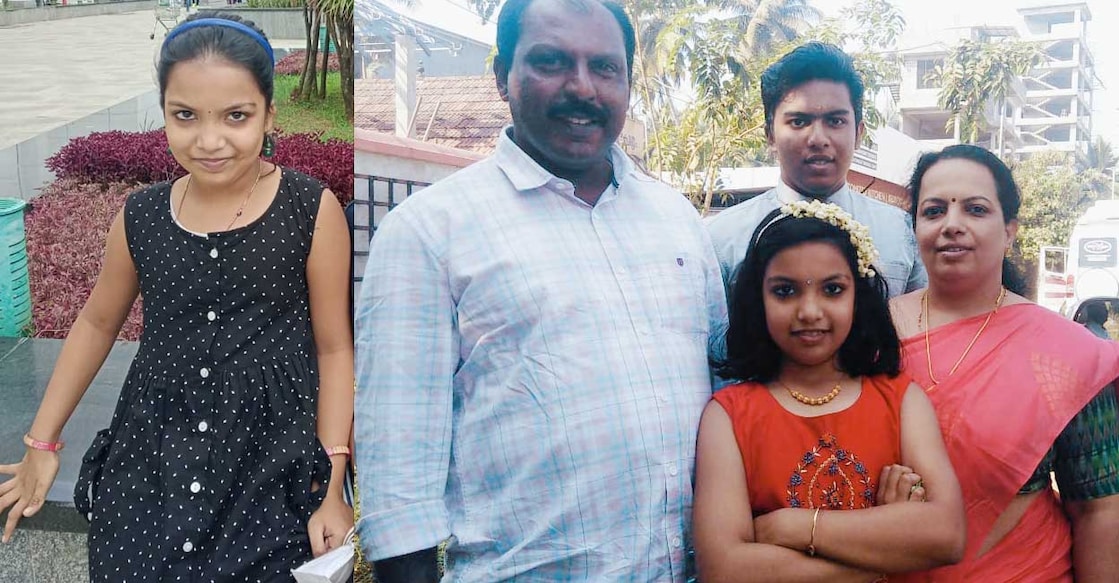Akshita had to wait for 10 years to gain their hearing ability. (R) Akshita with parents and brother. Photo: Special arrangement
