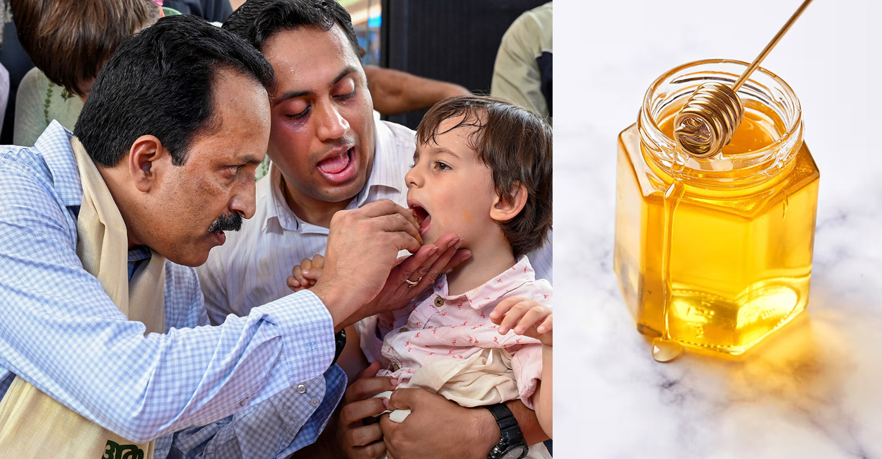 ISRO Chairman S Somnath symbolically initiates a child into the world of knowledge on Vidyarambham Day in 2023 (left). Honey (right) has many medicinal properties. Photo: PTI/Shutterstock