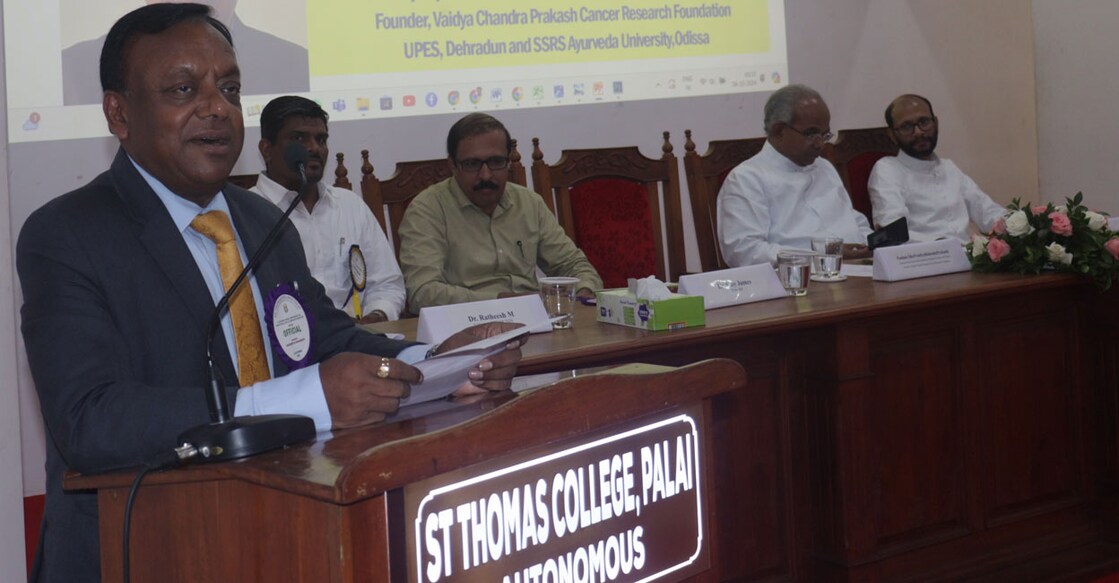 Padma Shri Vaidya Balendu Prakash inaugurates an international conference on traditional and alternative medicine hosted by the Department of Biochemistry at St Thomas College in Palai. Photo: Special arrangement