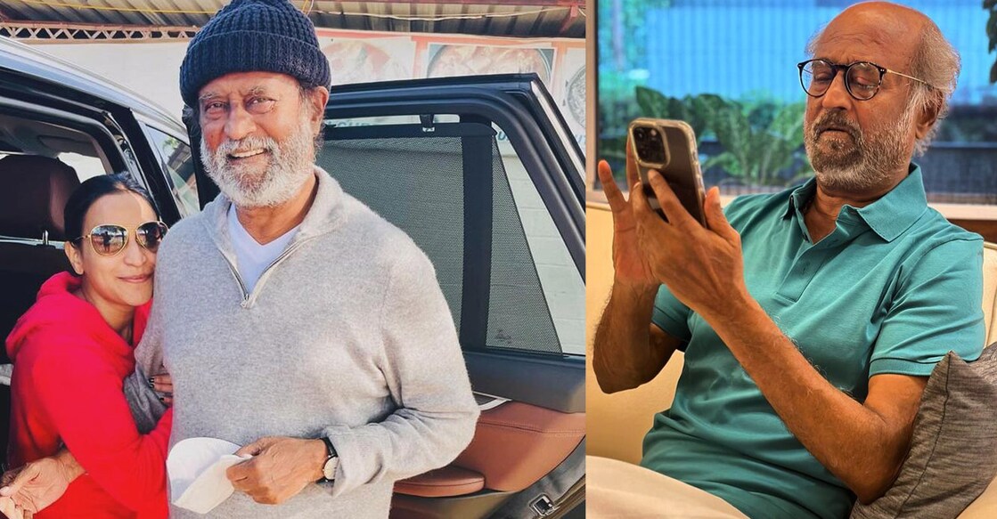Rajinikanth with his daughter Aishwarya (left) and Rajinikanth (right). Photo: Instagram/@aishwaryarajini