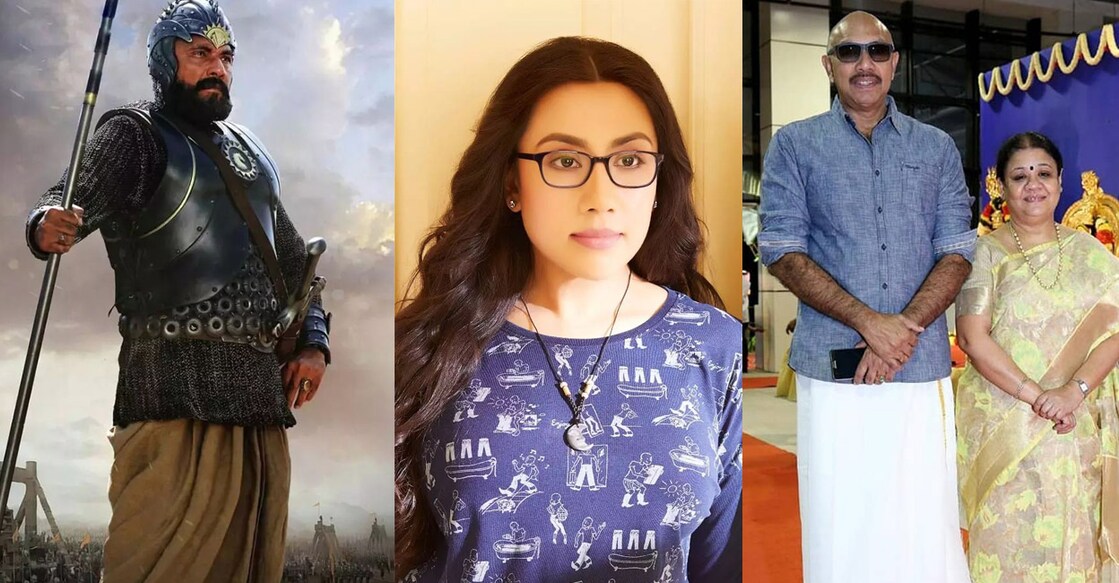 Sathyaraj as Bahubali (left), his daughter Divya (middle); Sathyaraj and his wife Maheswari (right). Photo: Instagram/@divyasathyaraj