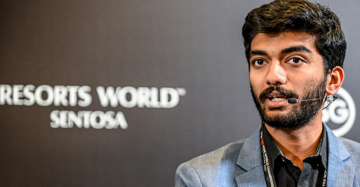 CHESS-2024-CHN-IND-SIN D Gukesh at the press conference after winning the World Championship. Photo: AFP