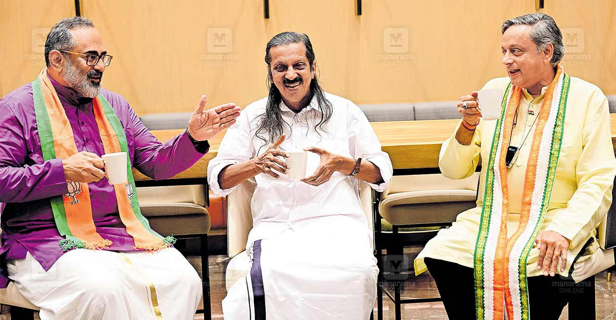 Rajeev Chandrasekhar (left), Pannyan Raveendran (centre) and Shashi Tharoor (right) during an interaction with Manorama Online. Photo: Manorama Online