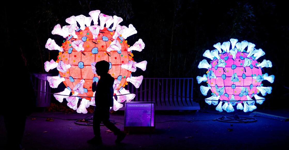 A visitor walks past an illuminated coronavirus (COVID-19) model as he visit the "Mini-Worlds on the Way of Illumination" (Mini-Mondes en voie d'illumination) exhibition during the Light Festival preview at the Jardin des Plantes (Botanical garden) in Paris, France, November 12, 2022. Photo: Reuters/Gonzalo Fuentes