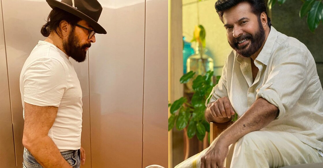 Mammootty's viral photo (left); Mammootty in traditional Kerala white clothes. Photo: Instagram/@mammootty
