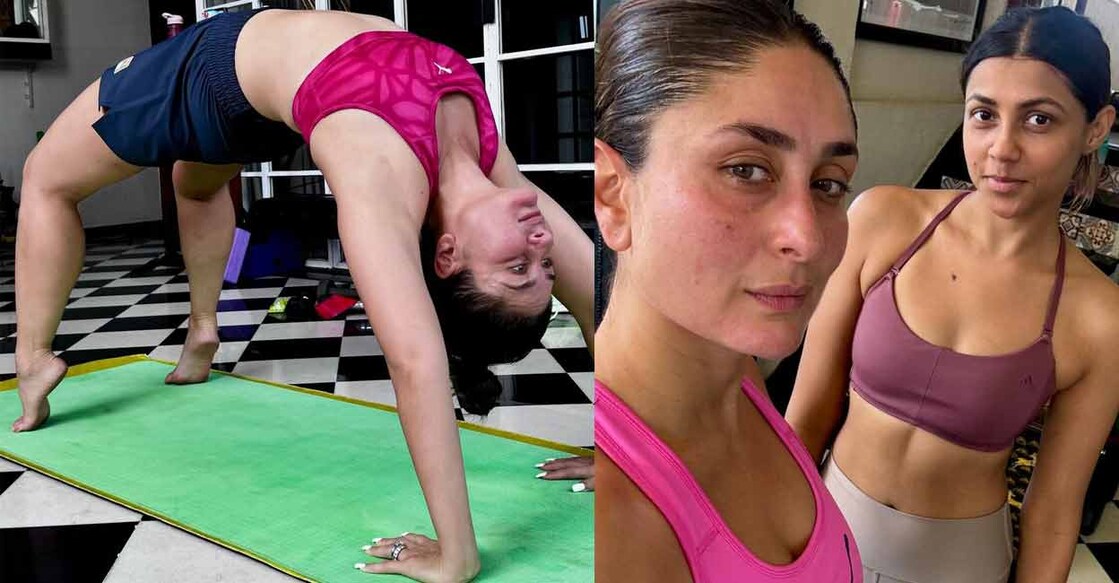 Kareena Kapoor Khan performs Chakrasana (left); Kareena with her trainer Anshuka (right). Photo: Instagram/@kareenakapoorkhan/@anshukayoga
