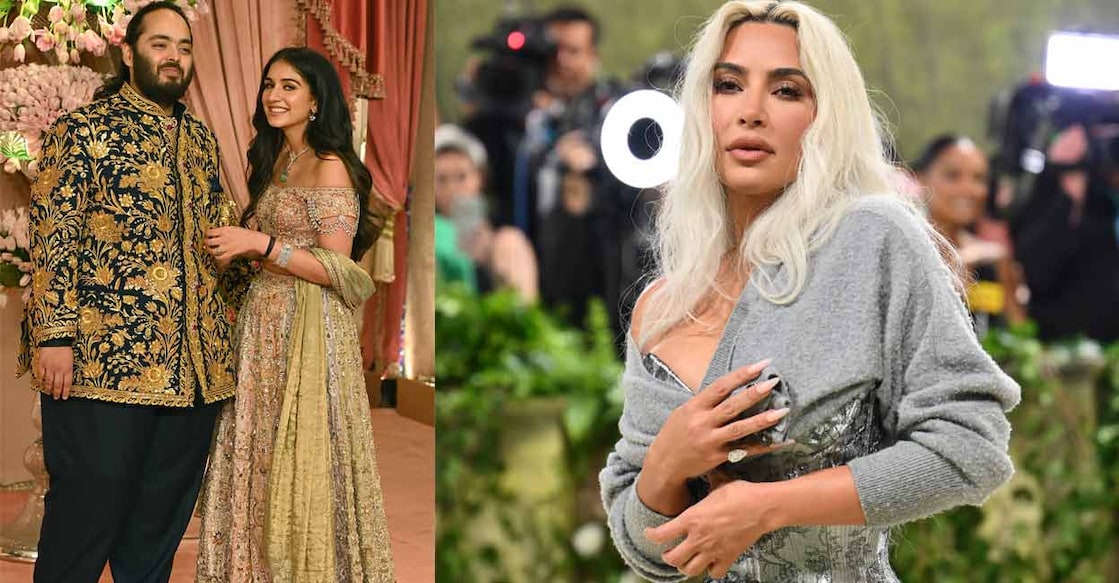 Anant Ambani and Radhika Merchant (left); Kim Kardashian (right). Photo: AFP