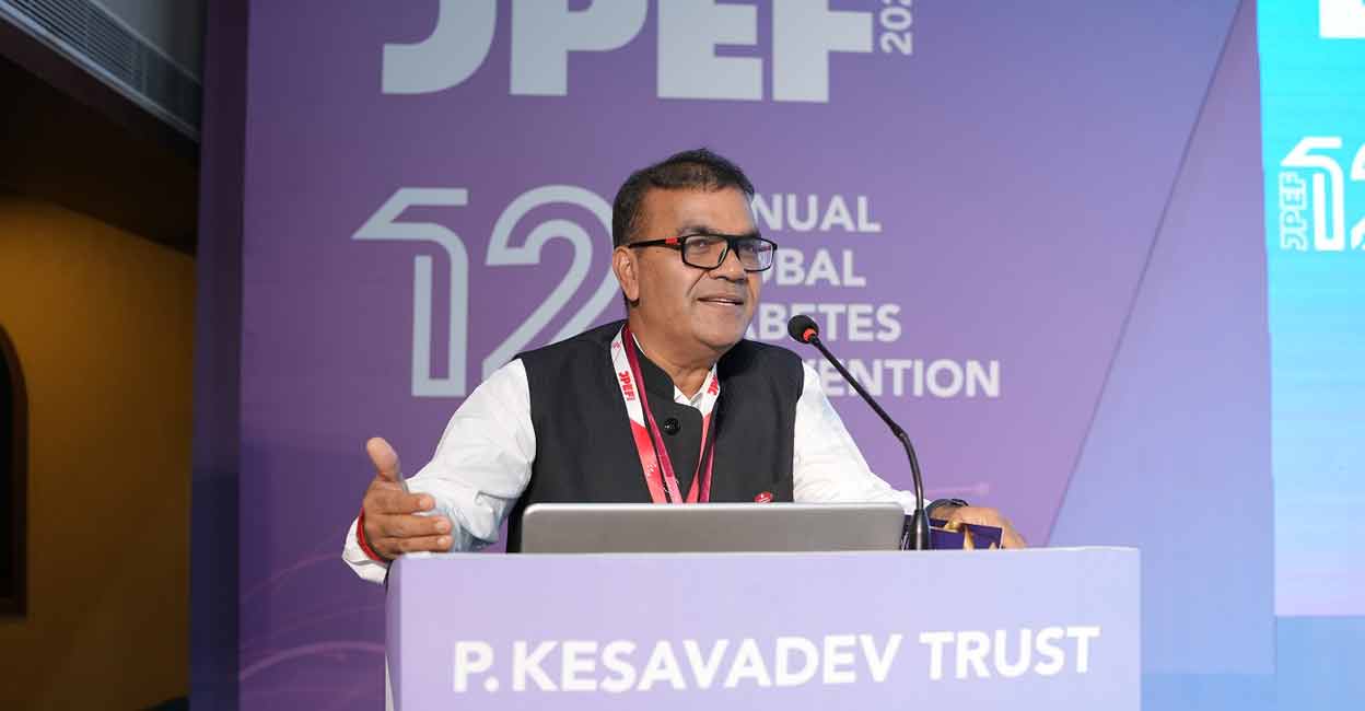 Dr Banshi Saboo speaks at the 12th edition of Jyotidev's Professional Education Forum Diabetes Update 2024 (JPEF), a global diabetes convention at Hotel Udaya Samudra, Kovalam. Photo: Special arrangement