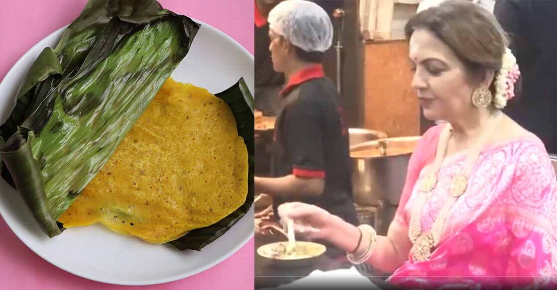 Gujarati snack paanki; Nita Ambani at the Varanasi chaat centre. Photo: Shutterstock/Pravruti/ANI/screengrab