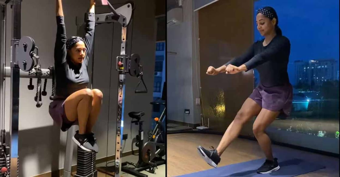 Santhy shows pistol squats, hanging knee raises and push-ups to demonstrate how they helped her transform her body. Photo: Instagram/@santhybee