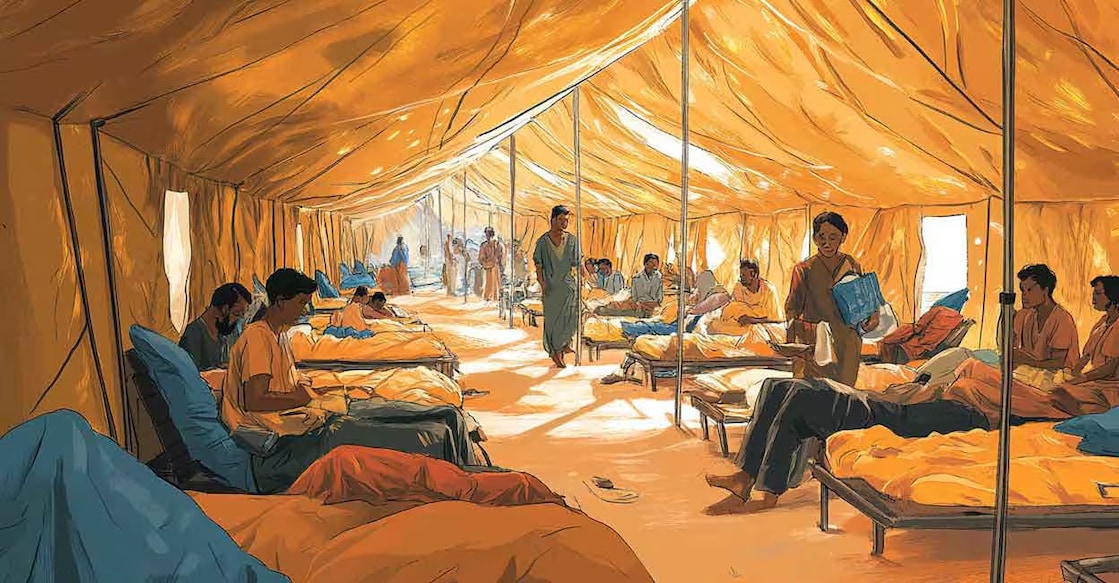 Infectious or communicable diseases could easily spread in relief camps as large groups of people live in a small area. Photo generated with Midjourney
