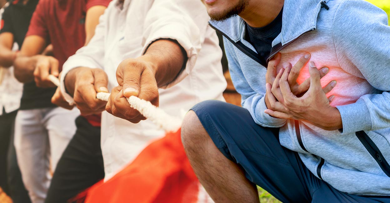 tug-of-war-cardiac-arrest When you indulge in demanding physical activities, the adrenaline in the blood can rise, causing cardiac arrhythmia or irregular heartbeats, which could push someone into sudden death. Photo: iStock/Six_Characters/lakshmiprasad S