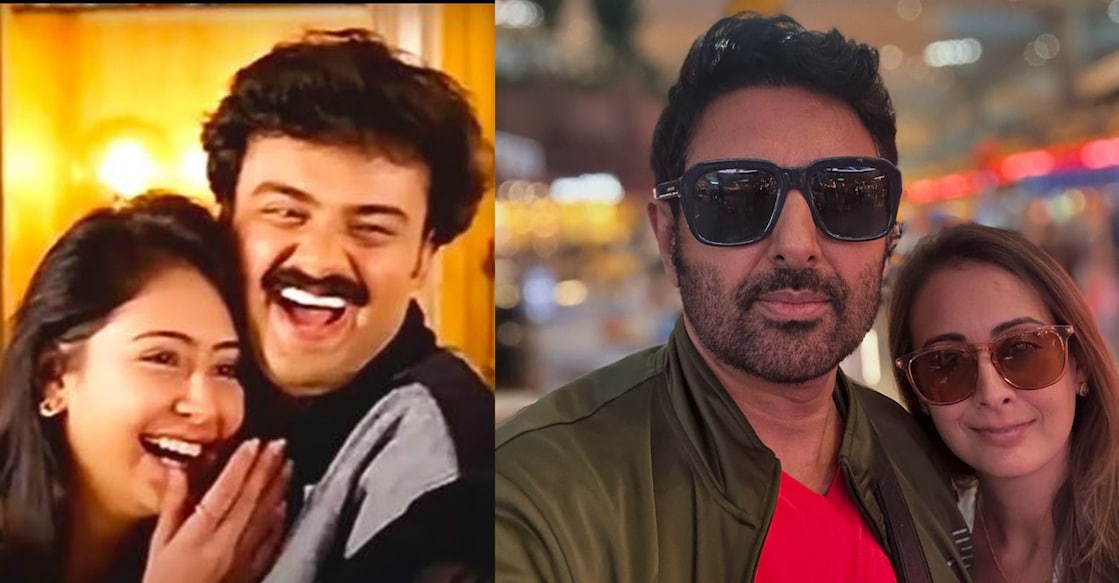 Preeti with Kunchacko Boban in the Malayalam film Mazhavil (left).  Preeti and husband Pravin Dabas (right). Photo: Screengrab/Instagram/preetijhangiani