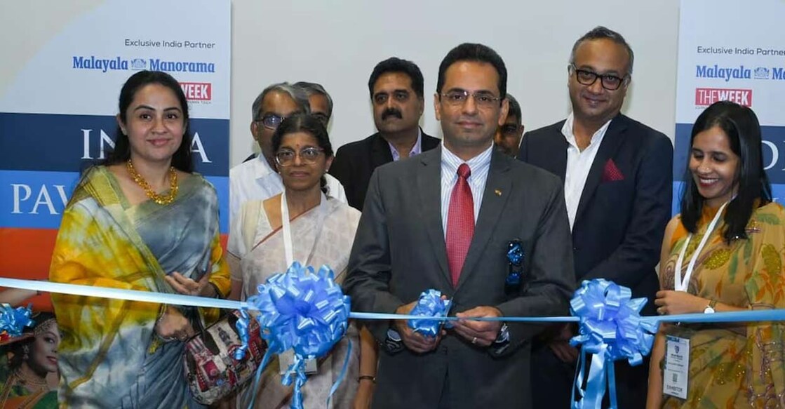 Amit Narang, Ambassador of India to the Sultanate of Oman inaugurates the India Pavilion at the 13th edition of the Oman Health Exhibition and Conference. Tavishi Behal Pander, Deputy Chief of Mission; Parvati Nair, Second Secretary (E&C); Uma Abraham, Deputy Marketing Manager, Malayala Manorama are also seen.