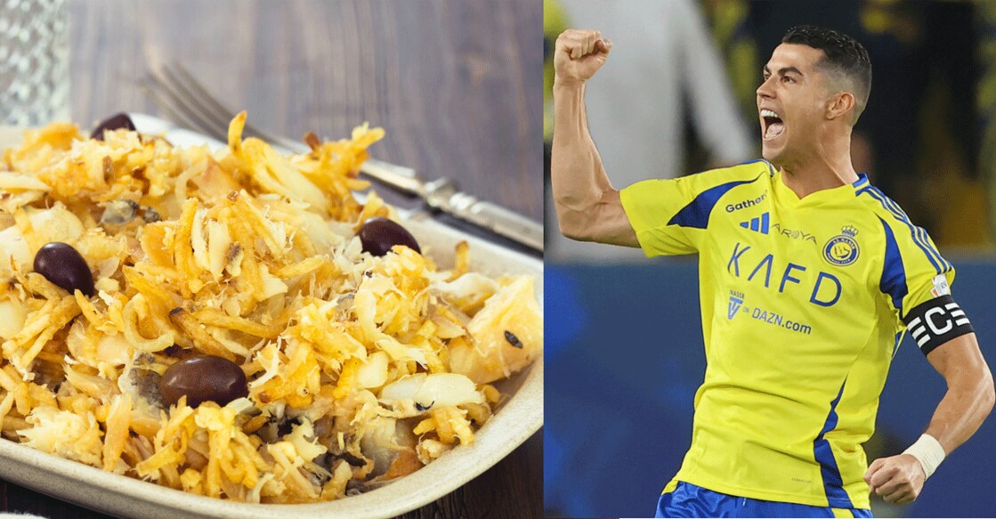 Bacalhau a Bras (left) and Cristiano Ronaldo (right). Photo: iStock/nataliaspb/AFP