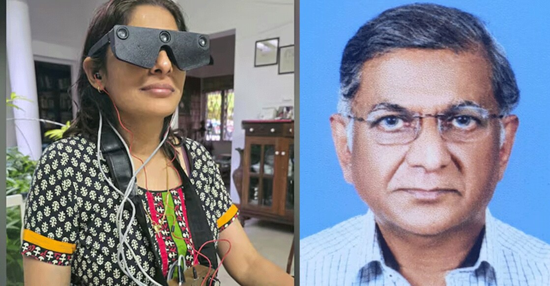 Dr Mathew Joseph (right) was inspired by bats’ ability to do echolocation to develop the glasses(left). Photo: Manorama Online