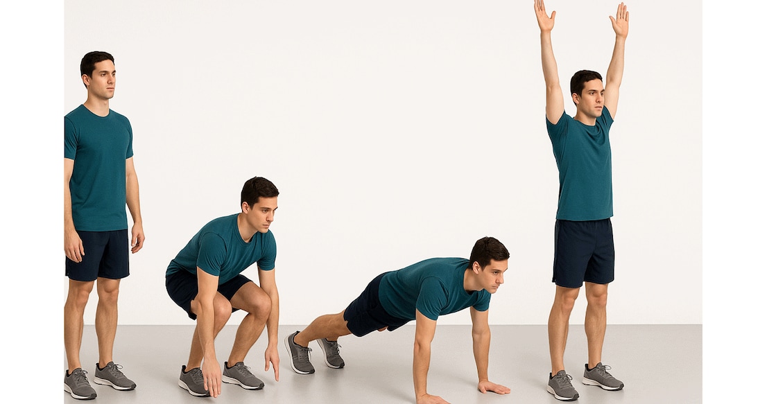 burpees-beginner-version Once you become comfortable with the beginner's burpee, progress to the intermediate-level variations. AI-generated image