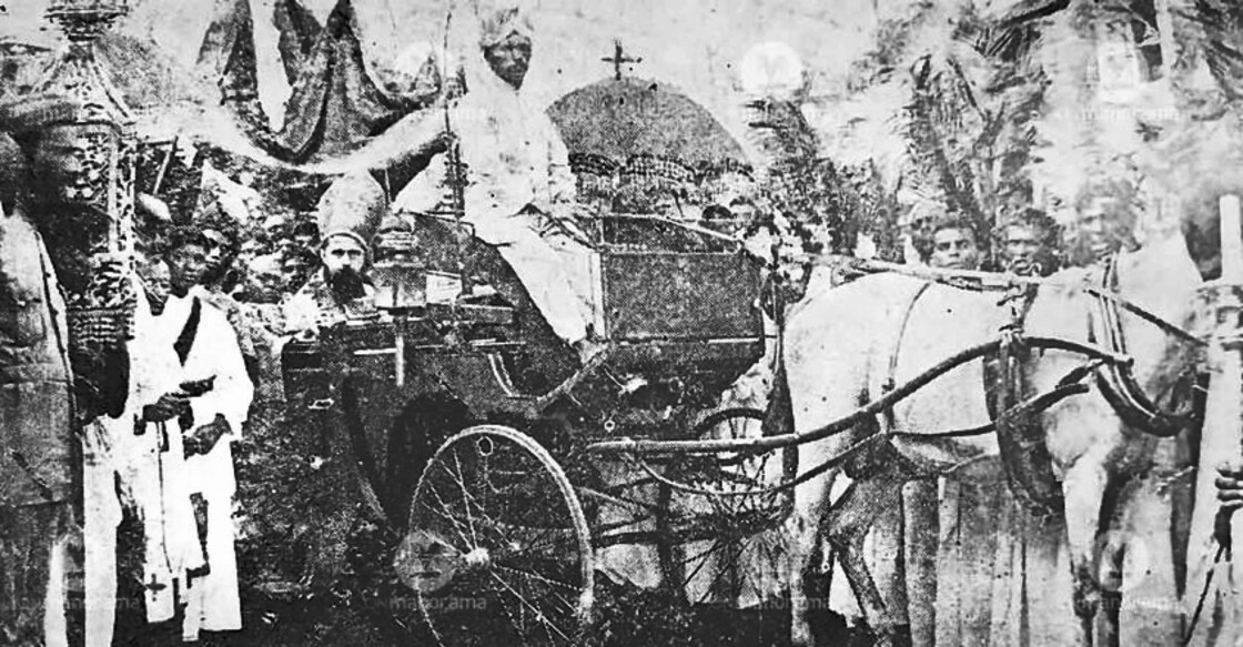 A rare, century-old photo of a procession in Thrissur town with Mar Abimalek Timotheus, who served as the Metropolitan of Malabar and All India of the Assyrian Church of the East. Photo: Manorama archive