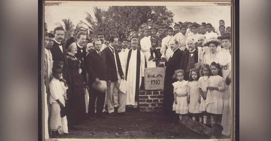 A photo in the collection of the University of Southern California’s collection shows one Inspector Frohnmeyer laying the foundation of a church in Malaparamba on November 27, 1910. Image courtesy: University of Southern California Digital Library