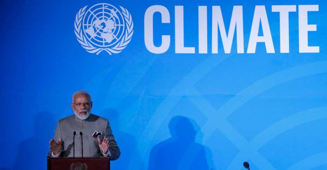UNITED NATIONS, Sept. 24, 2019 (Xinhua) -- Prime Minister Narendra Modi addresses the UN Climate Action Summit at the UN headquarters in New York, Sept. 23, 2019. (Xinhua/Li Muzi/IANS)
