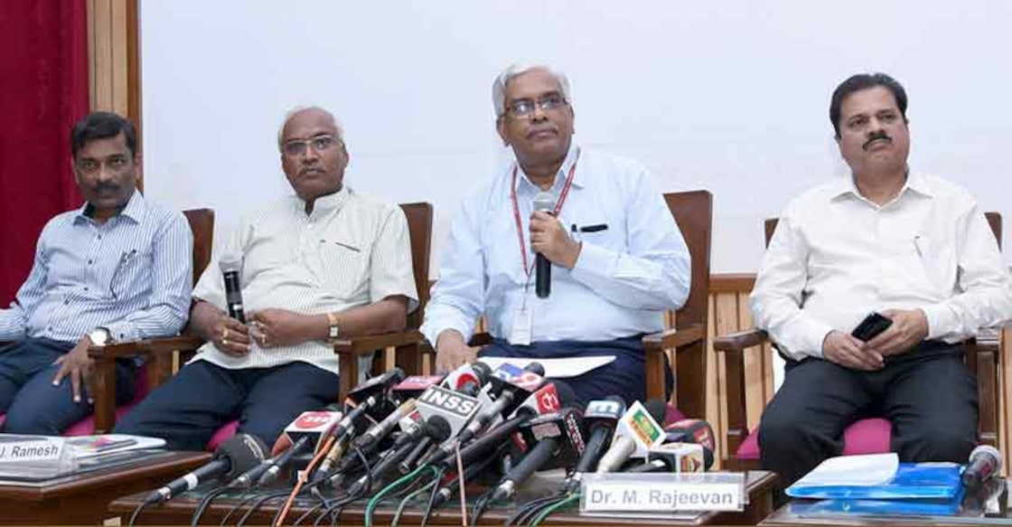 New Delhi: Ministry of Earth Sciences Secretary M. Rajeevan and Indian Meteorological Department (IMD) DG K.J. Ramesh during a press conference on the "1st stage Long Range Forecast (LRF) for Southwest Monsoon rainfall for 2019", in New Delhi on April 15, 2019. (Photo: IANS/PIB)