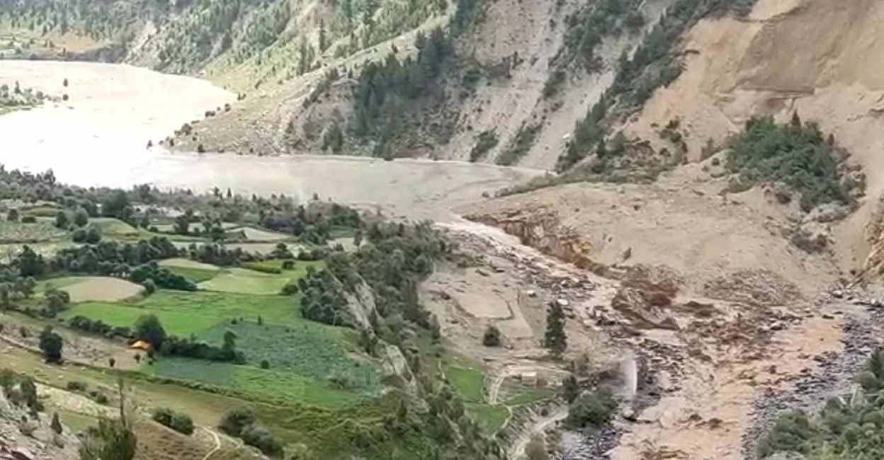 Landslide in trans-himalayas block river Landslide in trans-himalayas block river