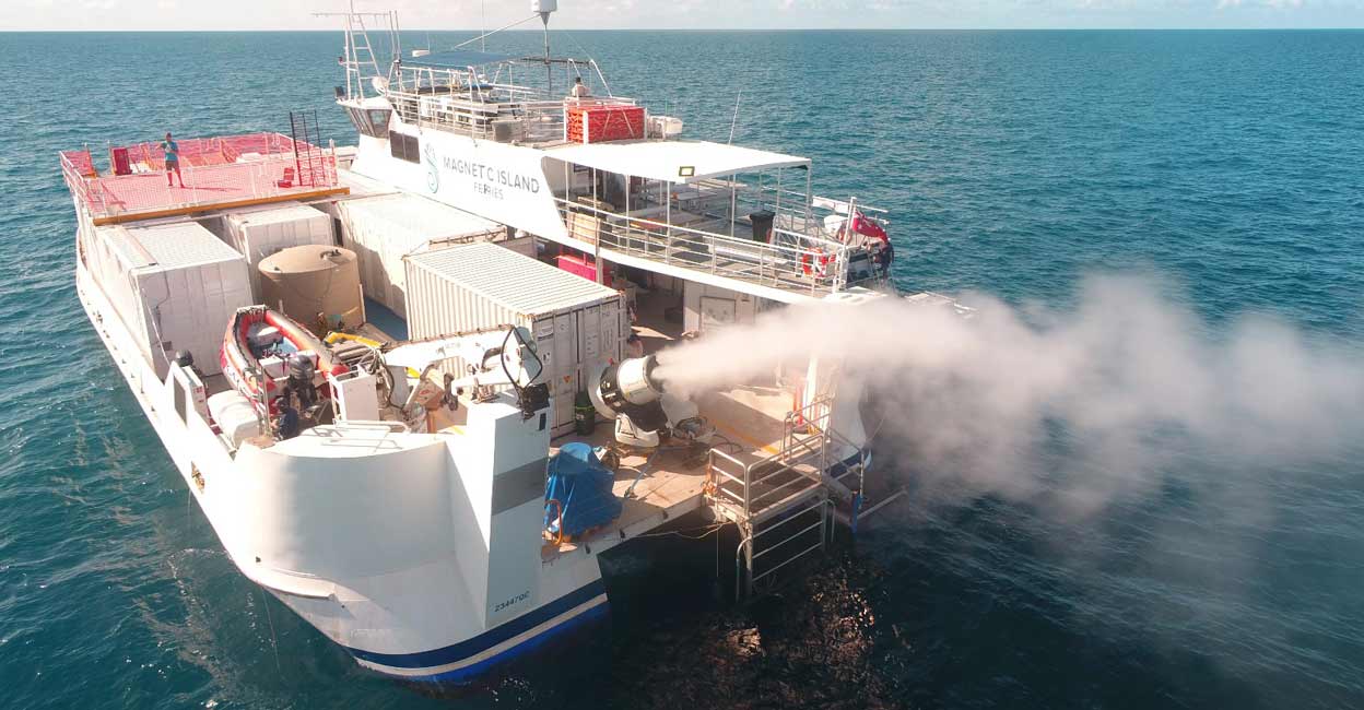 AUSTRALIA-CLOUD-BRIGHTENING Plume from sprayer jets on a vessel is seen during the second field trial at Broadhurst Reef on the Great Barrier Reef, Queensland, Australia (file photo). Image courtesy: Handout via Reuters