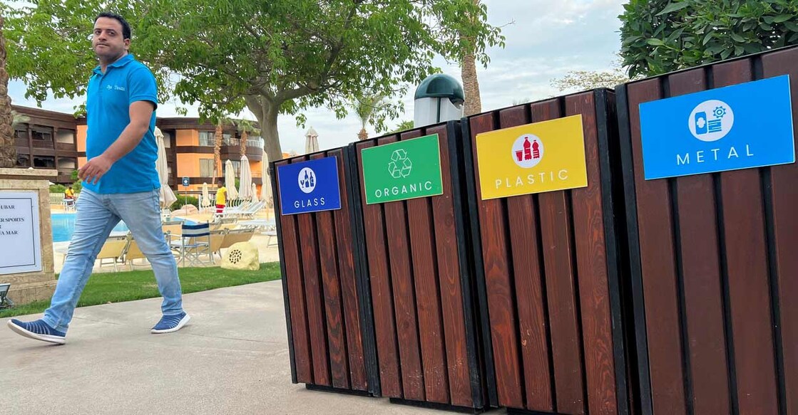 Recycle bins stacked in Egypt's Red Sea resort of Sharm el-Sheikh town as the city prepares to host the COP27 summit next month. Photo: REUTERS/Sayed Sheasha/File