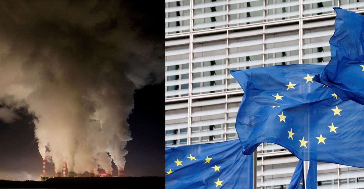Combo image of Belchatow Power Station (Reuters/Kacper Pempel//File) and European Union flags fluttering outside the EU Commission headquarters in Brussels (Reuters/Yves Herman)