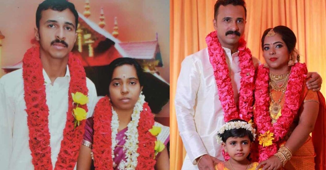 Combo image of Anish and Rajitha during their wedding in 2014 (L) and the couple with their daughter during the repeated wedding ceremony.