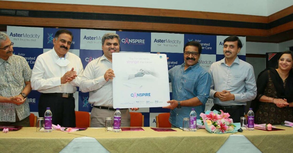 (From left) Dr  Ramaswamy, Dr Jem Kalathil, Farhan Yasin, Renji Paniker, Dr Arun R Warrier,  and Dr Durga Poorna during the release of 'Canspire'. Photo: Special arrangement