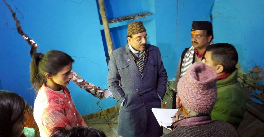 Uttarakhand Minister of State for Defence Ajay Bhatt inspects the landslide affected area of Joshimath in Chamoli district on Tuesday. Photo: PTI
