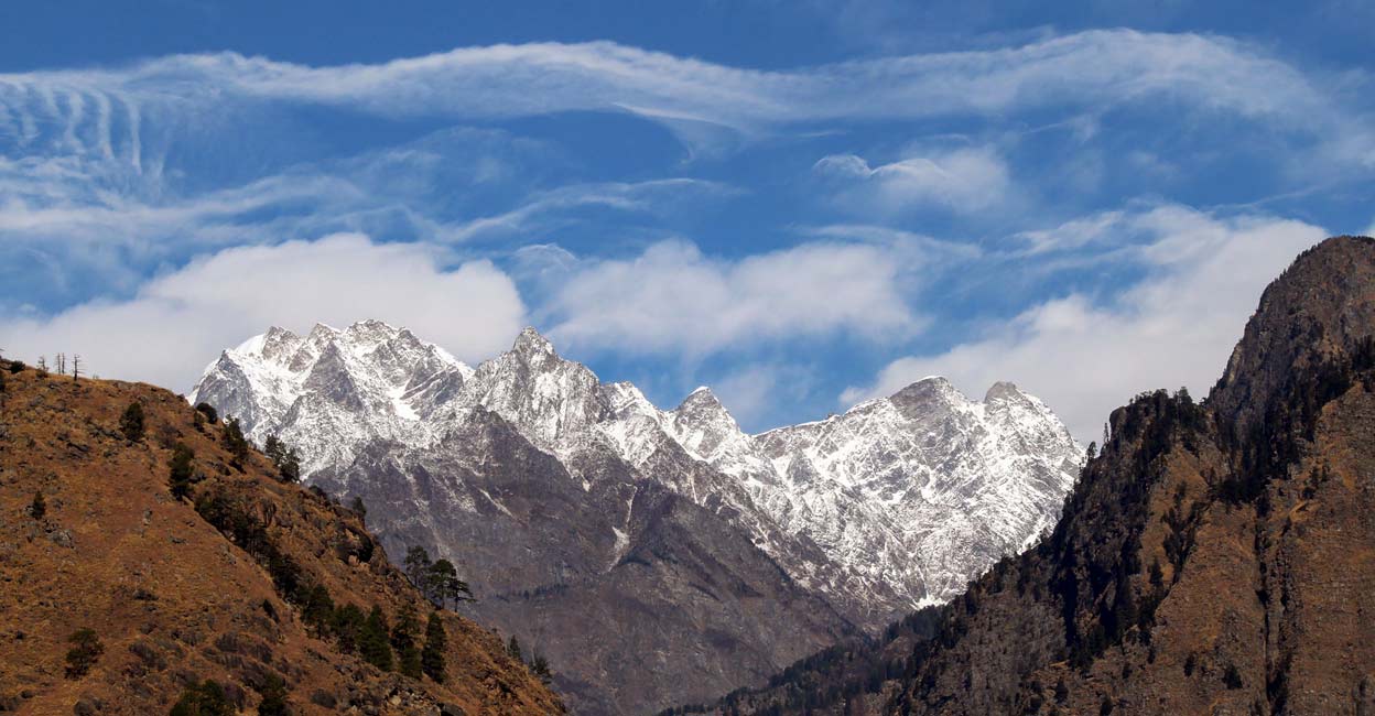 View of snow-capped mountain peaks after a fresh snowfall, in Joshimath. Photo: PTI